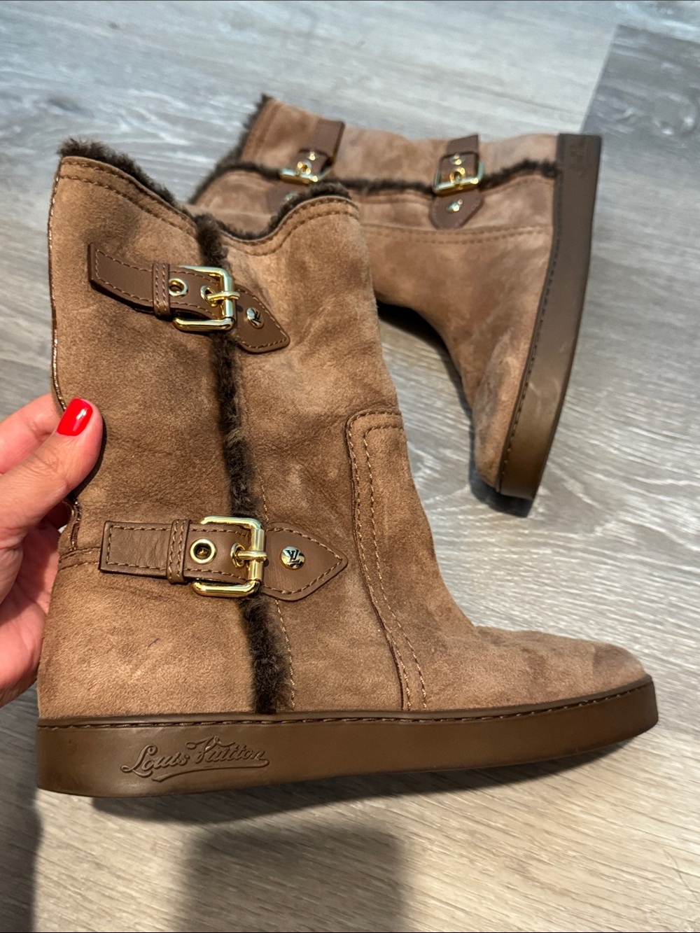 Louis Vuitton Brown Suede Shearling-Trim Ankle Boots with Gold Buckles